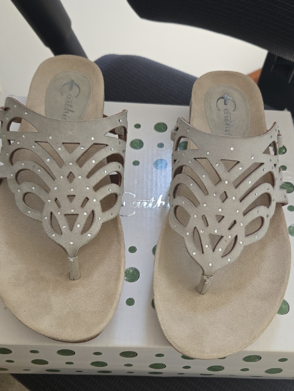 Earthies Taupe Laser-Cut Thong Sandals with Stud Accents